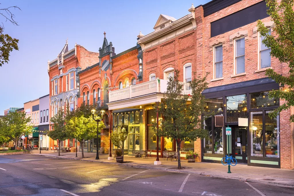 A row of historic commercial buildings downtown that have just undergone renovations