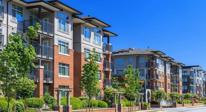 An apartment complex after curb appeal renovations, with neat landscaping, a brick exterior, and fresh paint