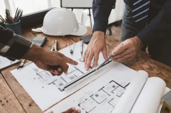 A construction team goes over a pre-construction checklist for a commercial remodeling project at a desk