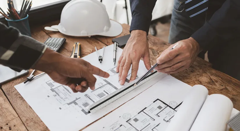 A construction team goes over a pre-construction checklist for a commercial remodeling project at a desk