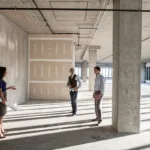 The interior of an unfinished empty building during a commercial renovation or remodel, where three construction professionals stand together holding blueprints