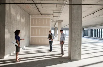 The interior of an unfinished empty building during a commercial renovation or remodel, where three construction professionals stand together holding blueprints