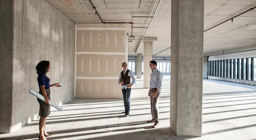 The interior of an unfinished empty building during a commercial renovation or remodel, where three construction professionals stand together holding blueprints